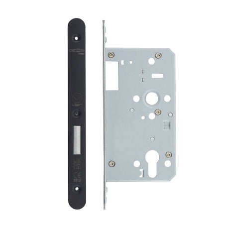 High quality image of the Vier - Din Euro Deadlock- Backset 60mm - 2 Pc Forend - Radius - PCB - Single Throw - Black | Sku. vdl0060-st-r-pcb | available to order from Trade Door Handles.