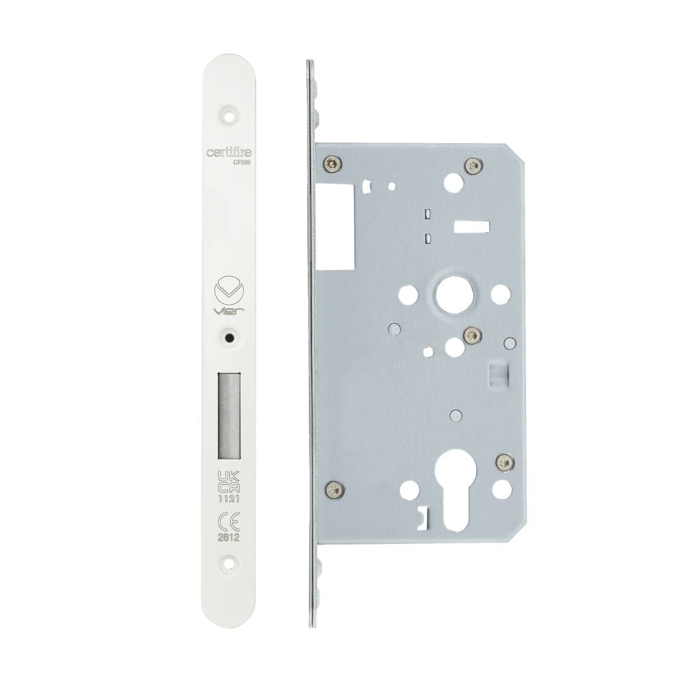 High quality image of the Vier - Din Euro Deadlock- Backset 60mm - 2 Pc Forend - Radius - PCW - Single Throw | Sku. vdl0060-st-r-pcw | available to order from Trade Door Handles.