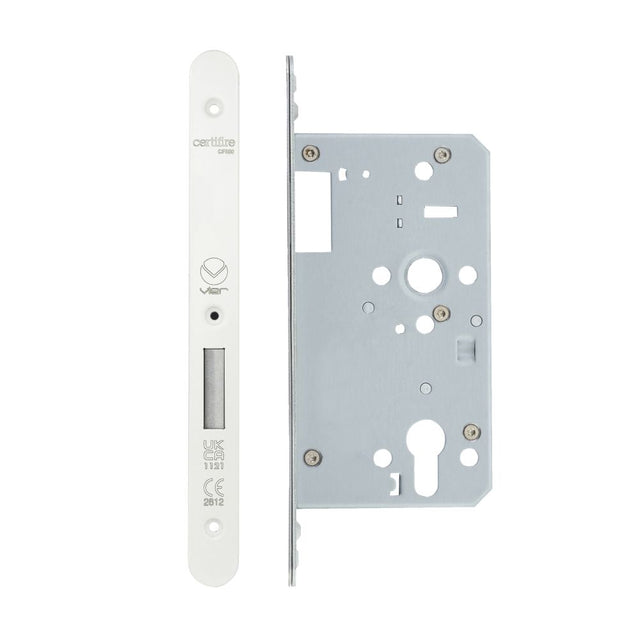 High quality image of the Vier - Din Euro Deadlock- Backset 60mm - 2 Pc Forend - Radius - PCW - Single Throw | Sku. vdl0060-st-r-pcw | available to order from Trade Door Handles.
