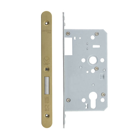 High quality image of the Vier - Din Euro Deadlock- Backset 60mm - 2 Pc Forend - Radius - Single Throw - PVD Satin Brass | Sku. vdl0060-st-r-pvdsb | available to order from Trade Door Handles.