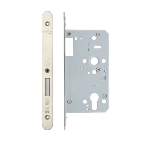 High quality image of the Vier - Din Euro Deadlock- Backset 60mm - 2 Pc Forend - Radius - Single Throw - Stain Stainless Steel | Sku. vdl0060-st-r-sss | available to order from Trade Door Handles.