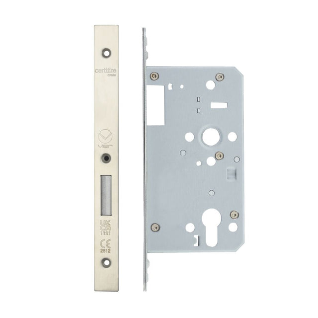 High quality image of the Vier - Din Euro Deadlock- Backset 60mm - 2 Pc Forend - Square - Single Throw - Stain Stainless Steel | Sku. vdl0060-st-sss | available to order from Trade Door Handles.