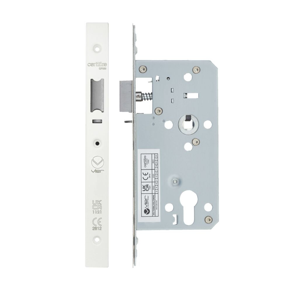 High quality image of the Vier - Din Nightlatch - Backset 55mm - 2 Pc Forend - Square - PCW - Powder Coated White | Sku. vdl7255-nl-pcw | available to order from Trade Door Handles.