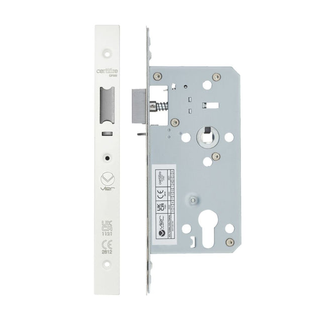 High quality image of the Vier - Din Nightlatch - Backset 55mm - 2 Pc Forend - Square - PCW - Powder Coated White | Sku. vdl7255-nl-pcw | available to order from Trade Door Handles.