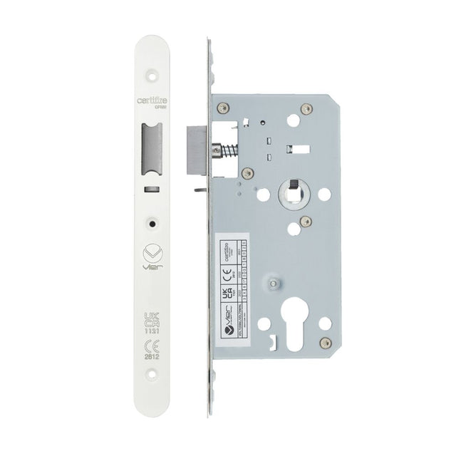 High quality image of the Vier - Din Nightlatch - Backset 55mm - 2 Pc Forend - Radius - PCW - Powder Coated White | Sku. vdl7255-nl-r-pcw | available to order from Trade Door Handles.