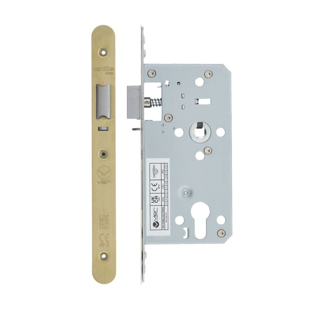 High quality image of the Vier - Din Nightlatch - Backset 55mm - 2 Pc Forend - Radius - PVDSB- Satin Brass Effect | Sku. vdl7255-nl-r-pvdsb | available to order from Trade Door Handles.