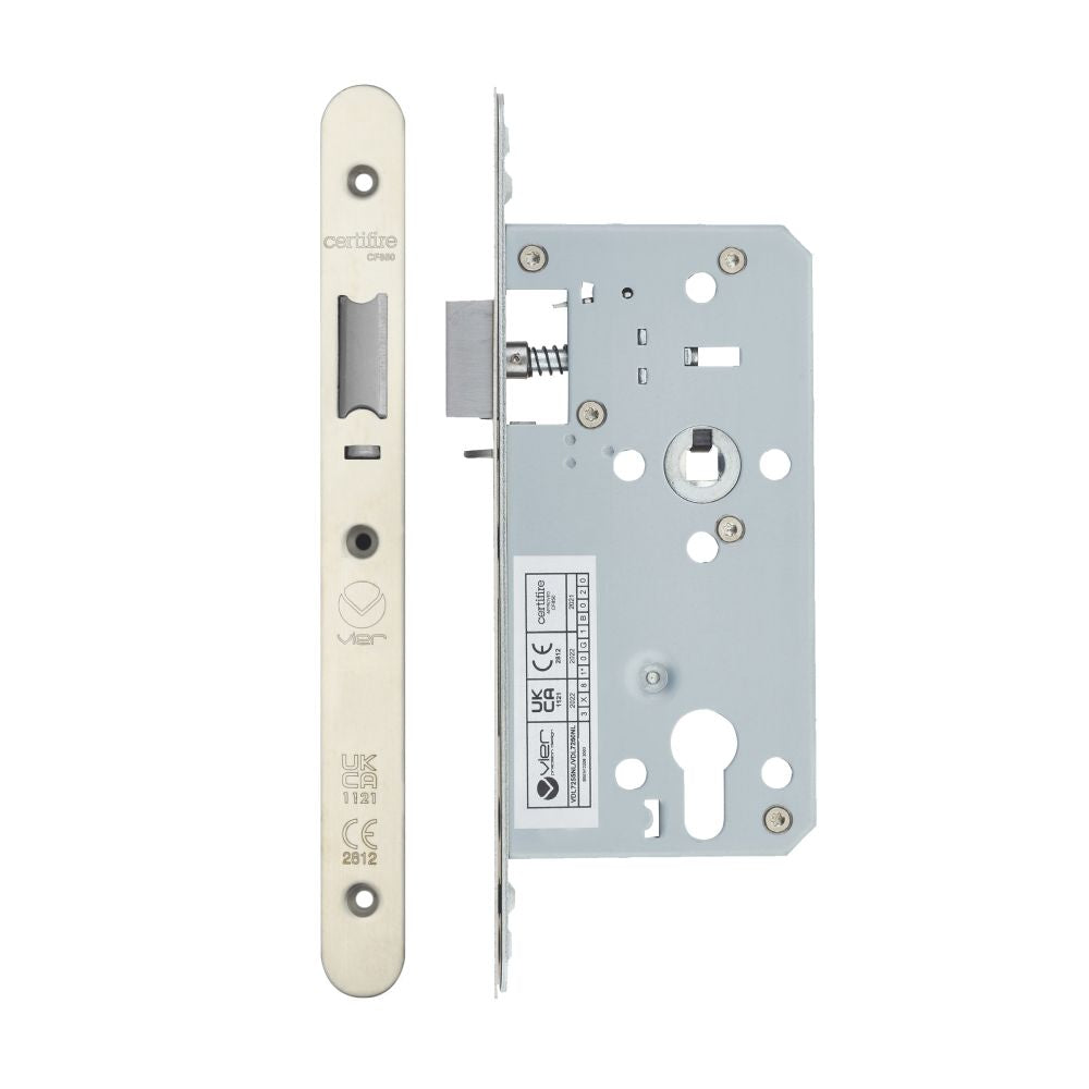 High quality image of the Vier - Din Nightlatch - Backset 55mm - 2 Pc Forend - Radius - Stain Stainless Steel | Sku. vdl7255-nl-r-sss | available to order from Trade Door Handles.