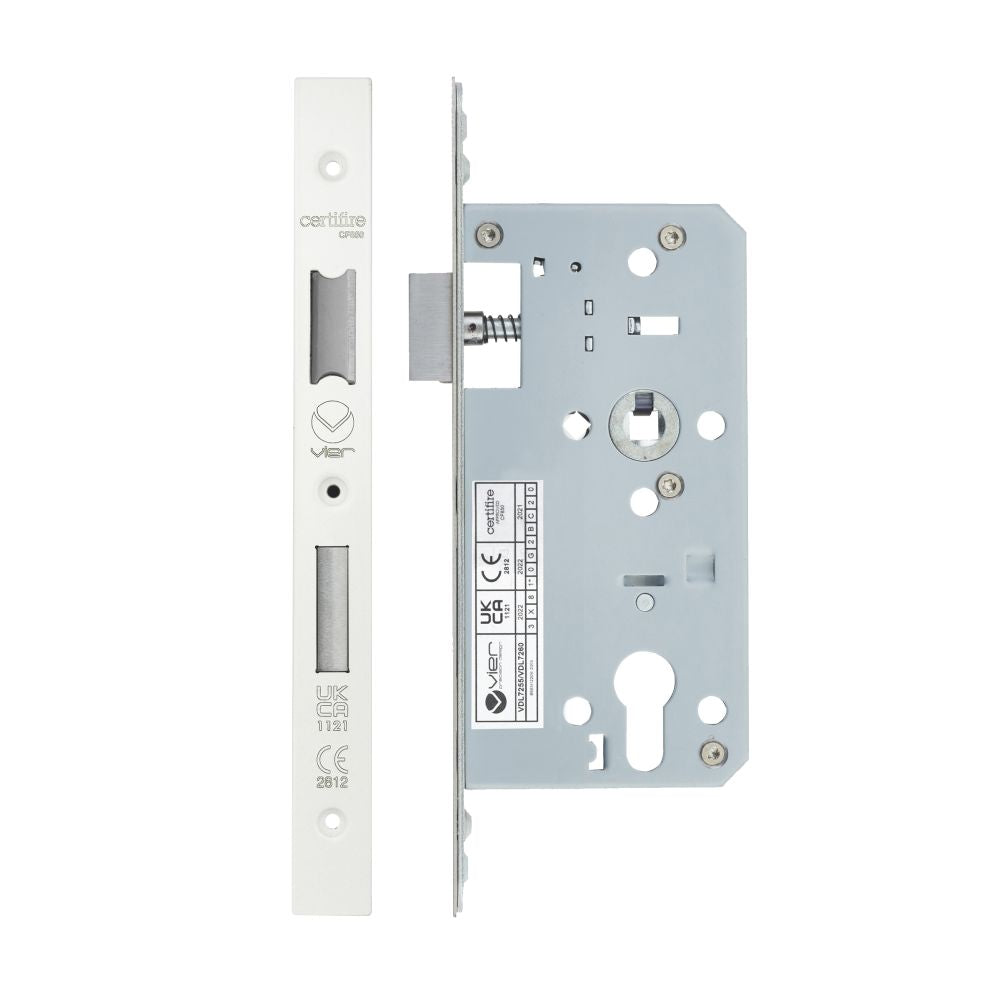 High quality image of the Vier - Din Euro Sashlock- Backset 55mm - 2 Pc Forend - Square - PCW - Powder Coated White | Sku. vdl7255-pcw | available to order from Trade Door Handles.