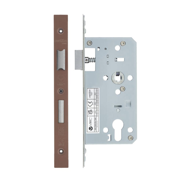 High quality image of the Vier - Din Euro Sashlock- Backset 55mm - 2 Pc Forend Square - PVD Satin Bronze | Sku. vdl7255-pvdbz | available to order from Trade Door Handles.
