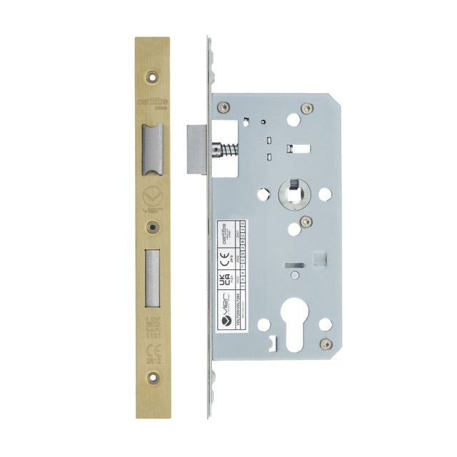 High quality image of the Vier - Din Euro Sashlock- Backset 55mm - 2 Pc Forend - Square - PVDSB - Satin Brass Effect | Sku. vdl7255-pvdsb | available to order from Trade Door Handles.