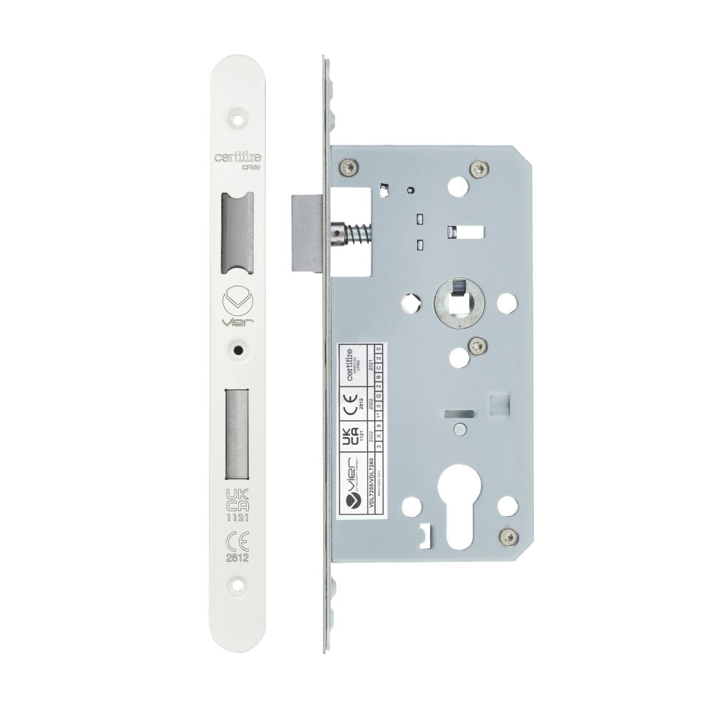 High quality image of the Vier - Din Euro Sashlock- Backset 55mm - 2 Pc Forend - Radius - PCW - Powder Coated White | Sku. vdl7255-r-pcw | available to order from Trade Door Handles.