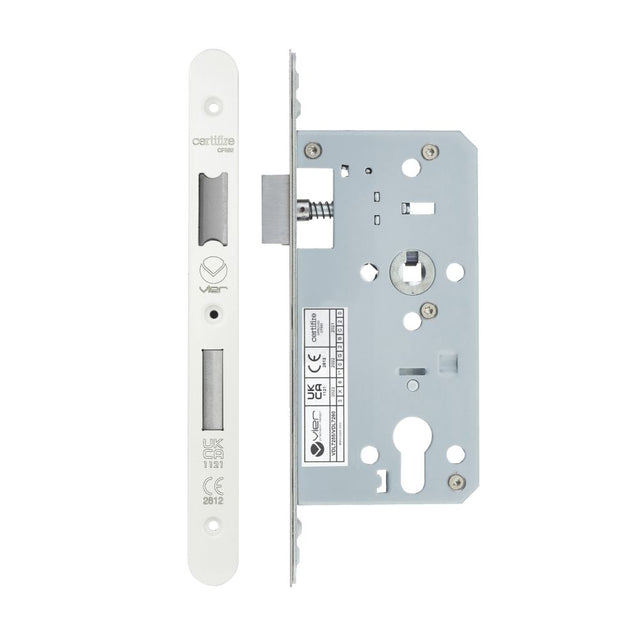 High quality image of the Vier - Din Euro Sashlock- Backset 55mm - 2 Pc Forend - Radius - PCW - Powder Coated White | Sku. vdl7255-r-pcw | available to order from Trade Door Handles.