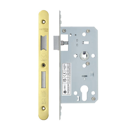High quality image of the Vier - Din Euro Sashlock- Backset 55mm - 2 Pc Forend - Radius - PVDG - Polished Brass Effect | Sku. vdl7255-r-pvdg | available to order from Trade Door Handles.