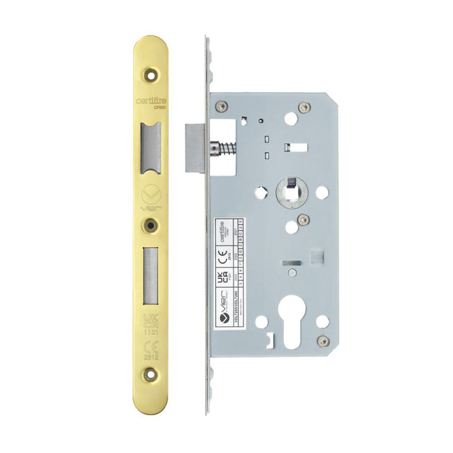High quality image of the Vier - Din Euro Sashlock- Backset 55mm - 2 Pc Forend - Radius - PVDG - Polished Brass Effect | Sku. vdl7255-r-pvdg | available to order from Trade Door Handles.