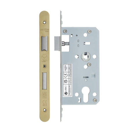 High quality image of the Vier - Din Euro Sashlock- Backset 55mm - 2 Pc Forend - Radius - PVDSB- Satin Brass Effect | Sku. vdl7255-r-pvdsb | available to order from Trade Door Handles.