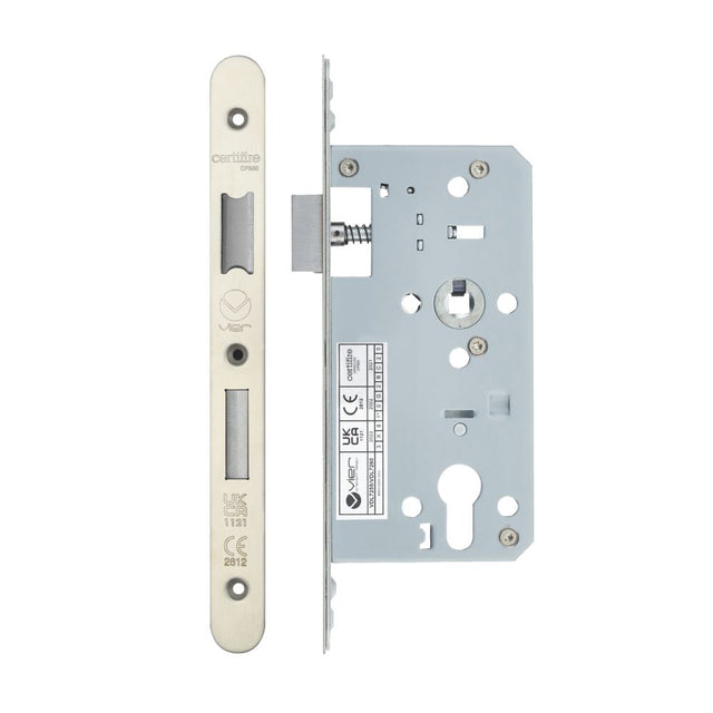High quality image of the Vier - Din Euro Sashlock- Backset 55mm - 2 Pc Forend - Radius - Stain Stainless Steel | Sku. vdl7255-r-sss | available to order from Trade Door Handles.