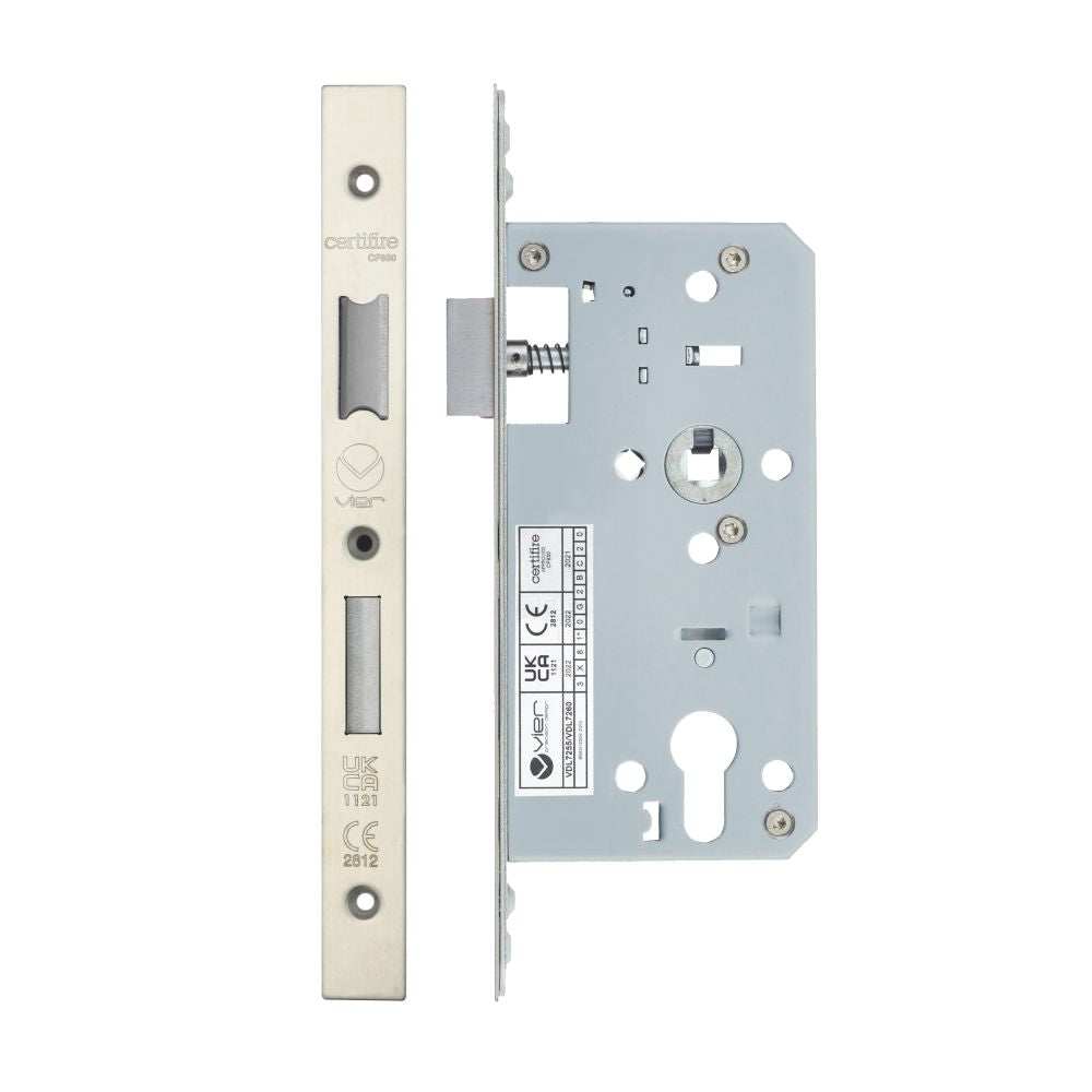 High quality image of the Vier - Din Euro Sashlock- Backset 55mm - 2 Pc Forend - Square - Stain Stainless Steel | Sku. vdl7255-sss | available to order from Trade Door Handles.