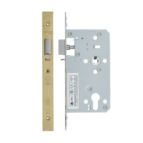 High quality image of the Vier - Din Nightlatch - Backset 60mm - 2 Pc Forend - Square - PVDSB - Satin Brass Effect | Sku. vdl7260-nl-pvdsb | available to order from Trade Door Handles.