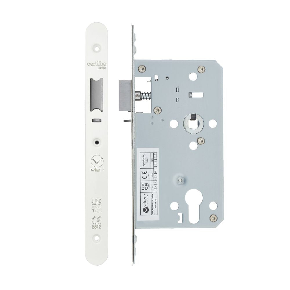 High quality image of the Vier - Din Nightlatch - Backset 60mm - 2 Pc Forend - Radius - PCW - Powder Coated White | Sku. vdl7260-nl-r-pcw | available to order from Trade Door Handles.