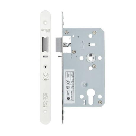 High quality image of the Vier - Din Nightlatch - Backset 60mm - 2 Pc Forend - Radius - PCW - Powder Coated White | Sku. vdl7260-nl-r-pcw | available to order from Trade Door Handles.