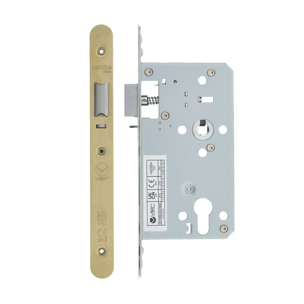 High quality image of the Vier - Din Nightlatch - Backset 60mm - 2 Pc Forend - Radius - PVDSB- Satin Brass Effect | Sku. vdl7260-nl-r-pvdsb | available to order from Trade Door Handles.