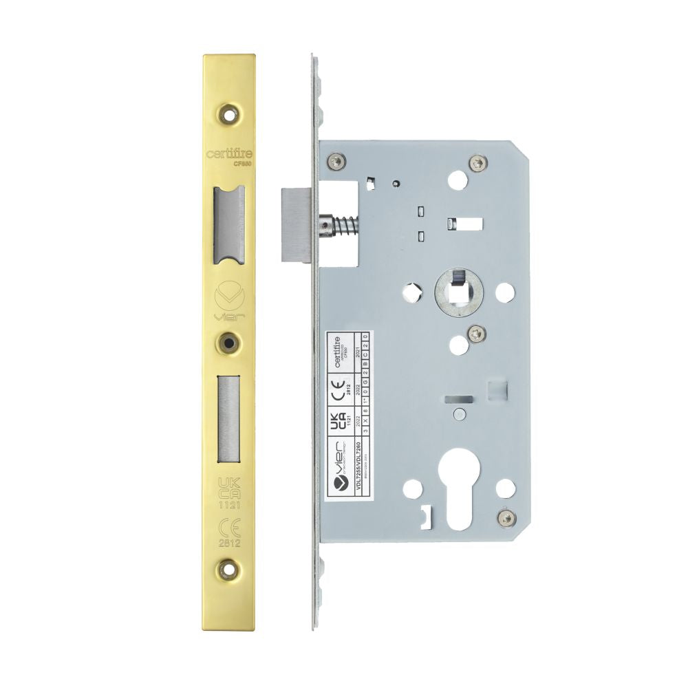 High quality image of the Vier - Din Euro Sashlock- Backset 60mm - 2 Pc Forend - Square - PVDG- Polished Brass Effect | Sku. vdl7260-pvdg | available to order from Trade Door Handles.