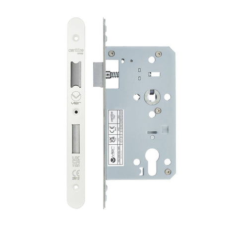 High quality image of the Vier - Din Euro Sashlock- Backset 60mm - 2 Pc Forend - Radius - PCW - Powder Coated White | Sku. vdl7260-r-pcw | available to order from Trade Door Handles.