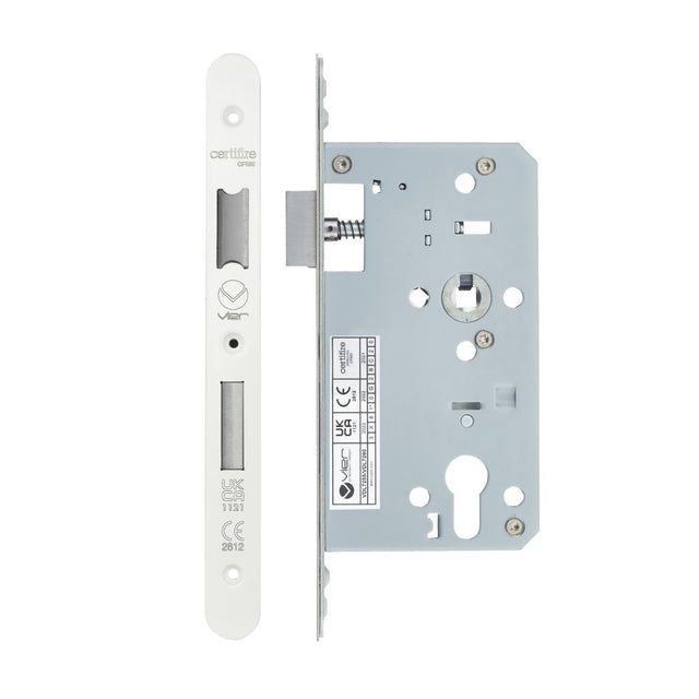 High quality image of the Vier - Din Euro Sashlock- Backset 60mm - 2 Pc Forend - Radius - PCW - Powder Coated White | Sku. vdl7260-r-pcw | available to order from Trade Door Handles.