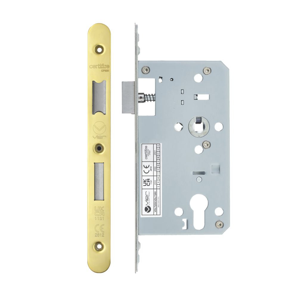 High quality image of the Vier - Din Euro Sashlock- Backset 60mm - 2 Pc Forend - Radius - PVDG - Polished Brass Effect | Sku. vdl7260-r-pvdg | available to order from Trade Door Handles.
