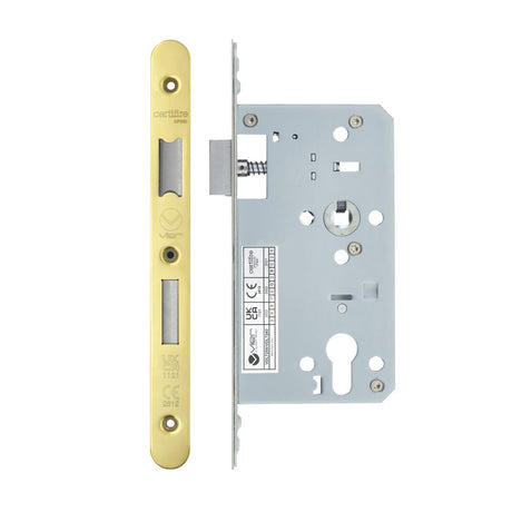 High quality image of the Vier - Din Euro Sashlock- Backset 60mm - 2 Pc Forend - Radius - PVDG - Polished Brass Effect | Sku. vdl7260-r-pvdg | available to order from Trade Door Handles.