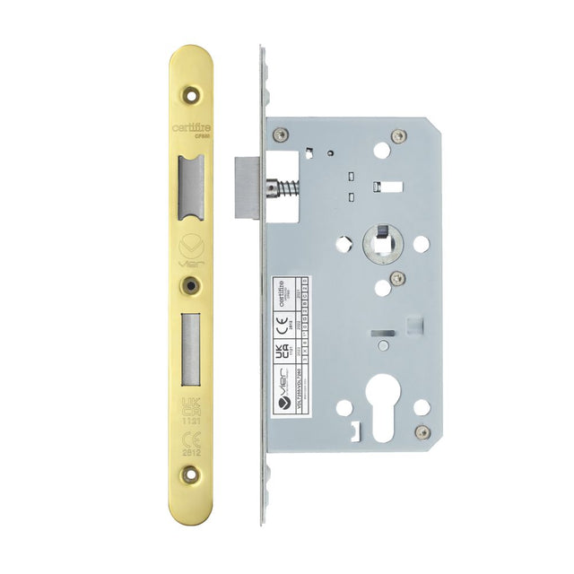 High quality image of the Vier - Din Euro Sashlock- Backset 60mm - 2 Pc Forend - Radius - PVDG - Polished Brass Effect | Sku. vdl7260-r-pvdg | available to order from Trade Door Handles.