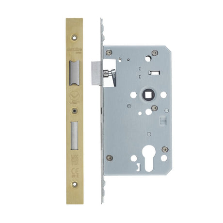 High quality image of the Vier - Din Euro Sashlock- Backset 60mm - 2 Pc Forend - Square - Single Throw - PVD Satin Brass | Sku. vdl7260-st-pvdsb | available to order from Trade Door Handles.