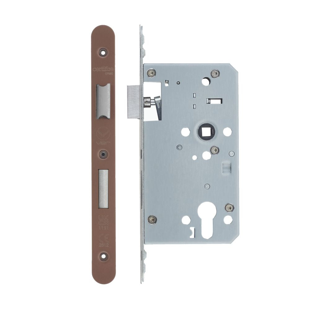 High quality image of the Vier - Din Euro Sashlock- Backset 60mm - 2 Pc Forend - Radius- Single Throw - PVD Satin Bronze | Sku. vdl7260-st-r-pvdbz | available to order from Trade Door Handles.