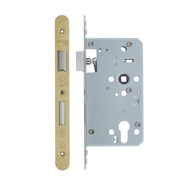 High quality image of the Vier - Din Euro Sashlock- Backset 60mm - 2 Pc Forend - Radius - Single Throw - PVD Satin Brass | Sku. vdl7260-st-r-pvdsb | available to order from Trade Door Handles.