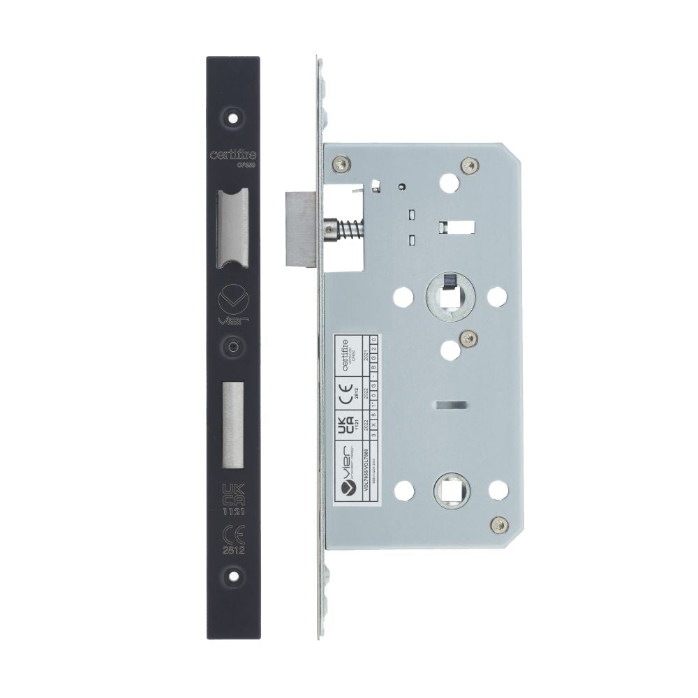 High quality image of the Vier - Din Bathroom- Backset 55mm - 2 Pc Forend - Square - PCB - Powder Coated Black | Sku. vdl7855-pcb | available to order from Trade Door Handles.