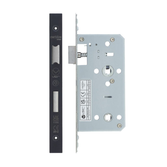 High quality image of the Vier - Din Bathroom- Backset 55mm - 2 Pc Forend - Square - PCB - Powder Coated Black | Sku. vdl7855-pcb | available to order from Trade Door Handles.