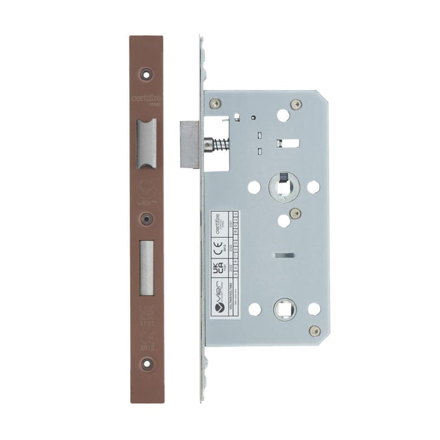 High quality image of the Vier - Din Bathroom- Backset 55mm - 2 Pc Forend Square - PVD Satin Bronze | Sku. vdl7855-pvdbz | available to order from Trade Door Handles.