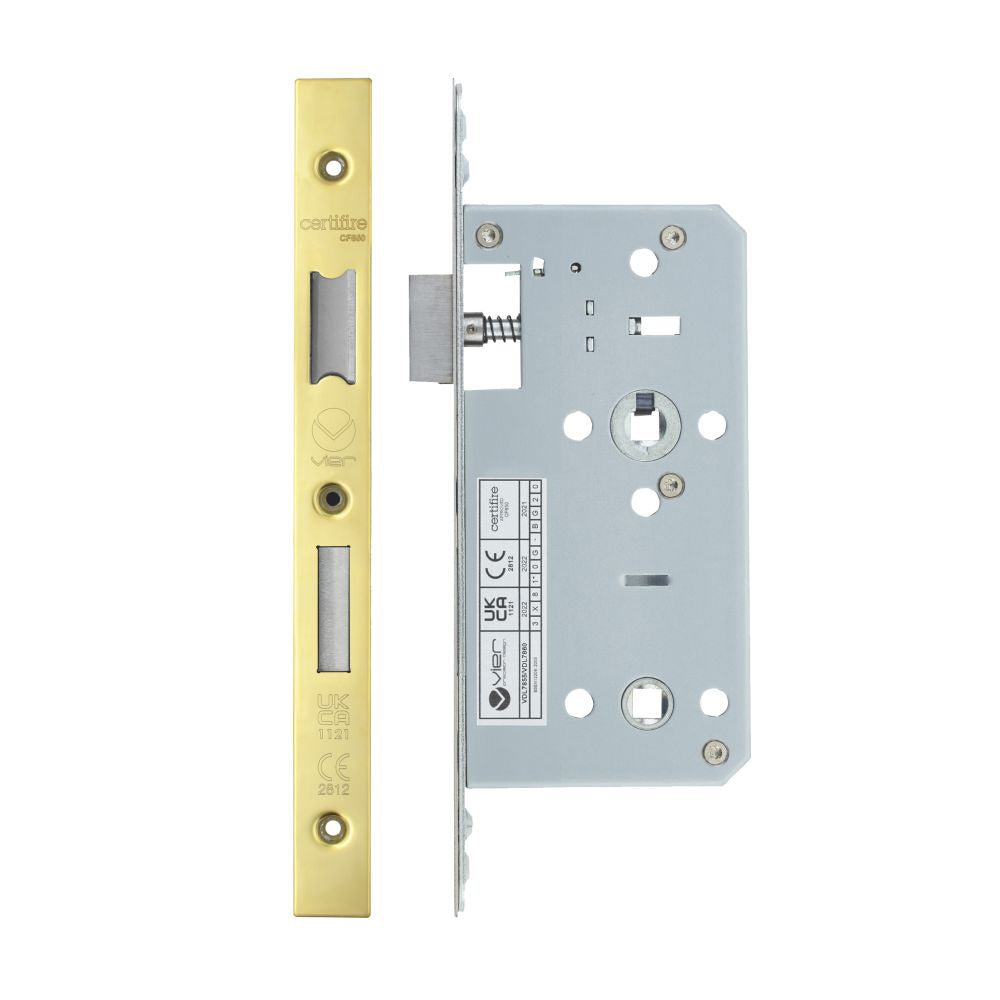 High quality image of the Vier - Din Bathroom- Backset 55mm - 2 Pc Forend - Square - PVDG- Polished Brass Effect | Sku. vdl7855-pvdg | available to order from Trade Door Handles.