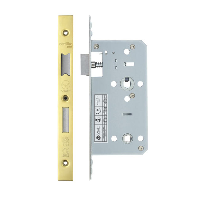 High quality image of the Vier - Din Bathroom- Backset 55mm - 2 Pc Forend - Square - PVDG- Polished Brass Effect | Sku. vdl7855-pvdg | available to order from Trade Door Handles.
