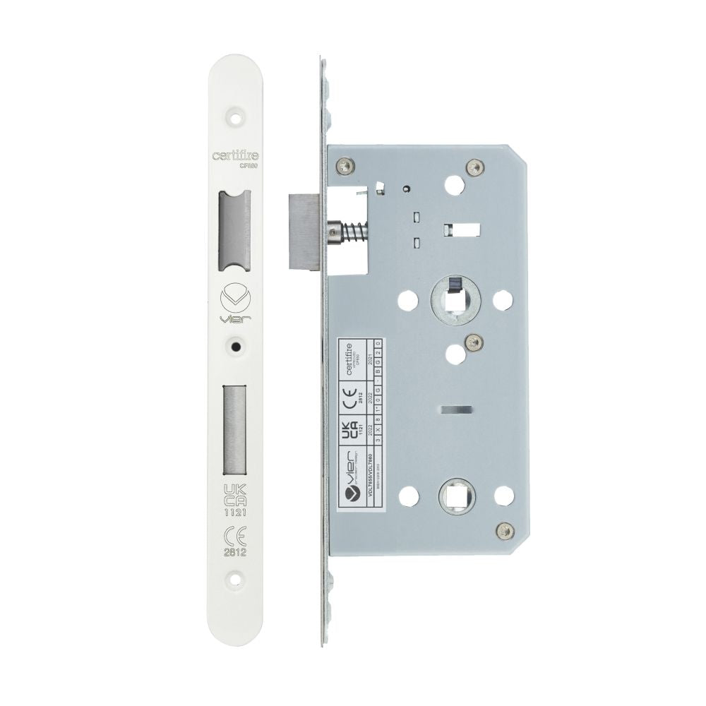 High quality image of the Vier - Din Bathroom- Backset 55mm - 2 Pc Forend - Radius - PCW - Powder Coated White | Sku. vdl7855-r-pcw | available to order from Trade Door Handles.