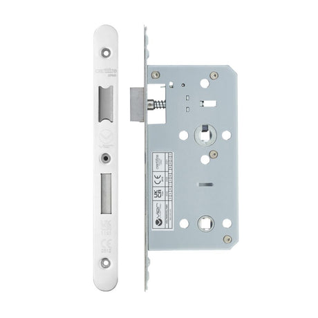 High quality image of the Vier - Din Bathroom- Backset 55mm - 2 Pc Forend - Radius - Polished Stainless Steel | Sku. vdl7855-r-pss | available to order from Trade Door Handles.