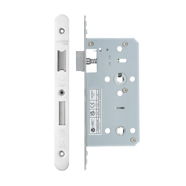 High quality image of the Vier - Din Bathroom- Backset 55mm - 2 Pc Forend - Radius - Polished Stainless Steel | Sku. vdl7855-r-pss | available to order from Trade Door Handles.