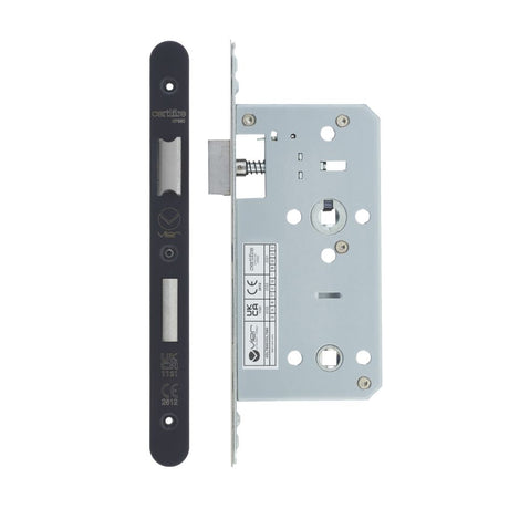 High quality image of the Vier - Din Bathroom- Backset 55mm - 2 Pc Forend - Radius - PVDBLK - PVD Black | Sku. vdl7855-r-pvdblk | available to order from Trade Door Handles.