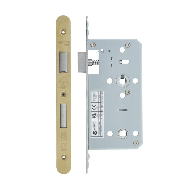 High quality image of the Vier - Din Bathroom- Backset 55mm - 2 Pc Forend - Radius - PVDSB - PVD Satin Brass | Sku. vdl7855-r-pvdsb | available to order from Trade Door Handles.