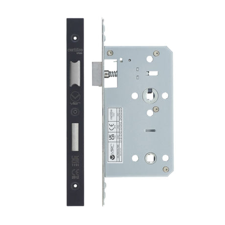 High quality image of the Vier - Din Bathroom- Backset 60mm - 2 Pc Forend - Square - PCB - Powder Coated Black | Sku. vdl7860-pcb | available to order from Trade Door Handles.