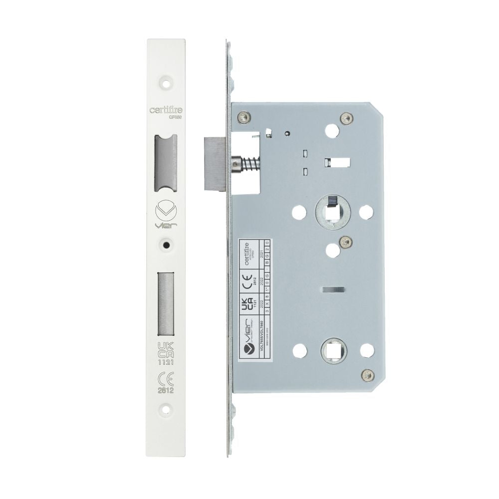 High quality image of the Vier - Din Bathroom- Backset 60mm - 2 Pc Forend - Square - PCW - Powder Coated White | Sku. vdl7860-pcw | available to order from Trade Door Handles.