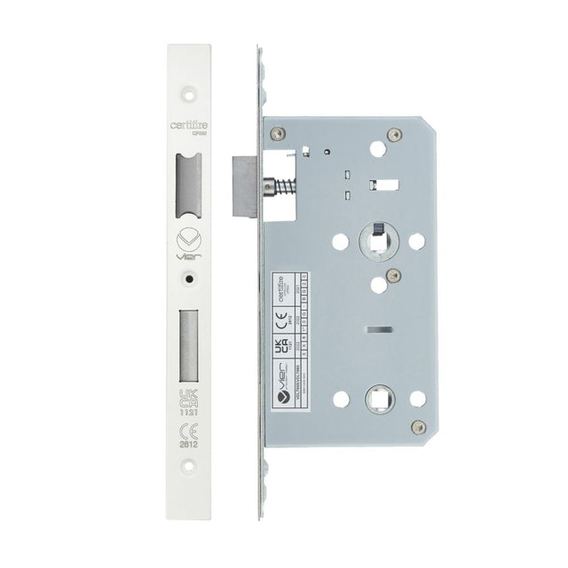 High quality image of the Vier - Din Bathroom- Backset 60mm - 2 Pc Forend - Square - PCW - Powder Coated White | Sku. vdl7860-pcw | available to order from Trade Door Handles.