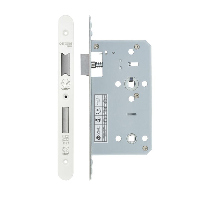 High quality image of the Vier - Din Bathroom- Backset 60mm - 2 Pc Forend - Radius - PCW - Powder Coated White | Sku. vdl7860-r-pcw | available to order from Trade Door Handles.