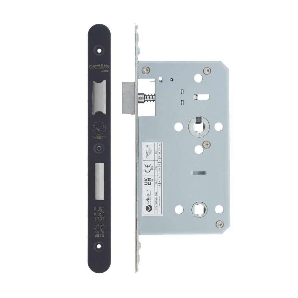 High quality image of the Vier - Din Bathroom- Backset 60mm - 2 Pc Forend - Radius - PVDBLK - PVD Black | Sku. vdl7860-r-pvdblk | available to order from Trade Door Handles.