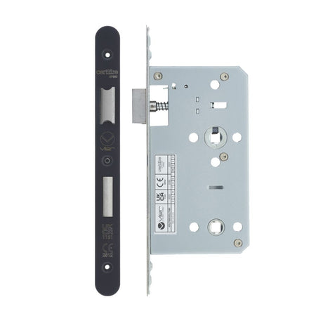 High quality image of the Vier - Din Bathroom- Backset 60mm - 2 Pc Forend - Radius - PVDBLK - PVD Black | Sku. vdl7860-r-pvdblk | available to order from Trade Door Handles.